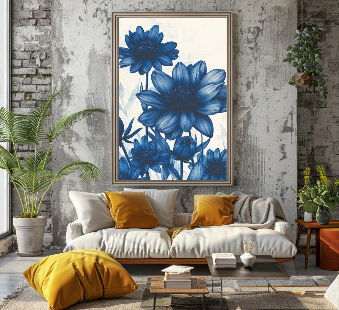 Blue Ink Watercolor Flower Blooms on White Botanical Art Poster - Image 6