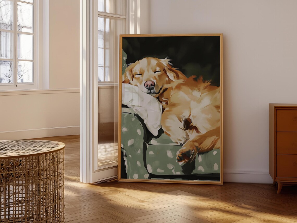Golden Retriever Asleep on Polka Dot Armchair Painterly Dog Poster - Image 6