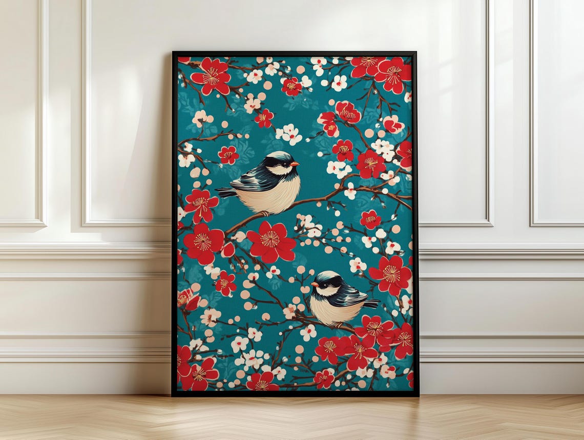 Two Small Birds On Red Blossom Tree Teal Chinoiserie Style Poster - Image 7