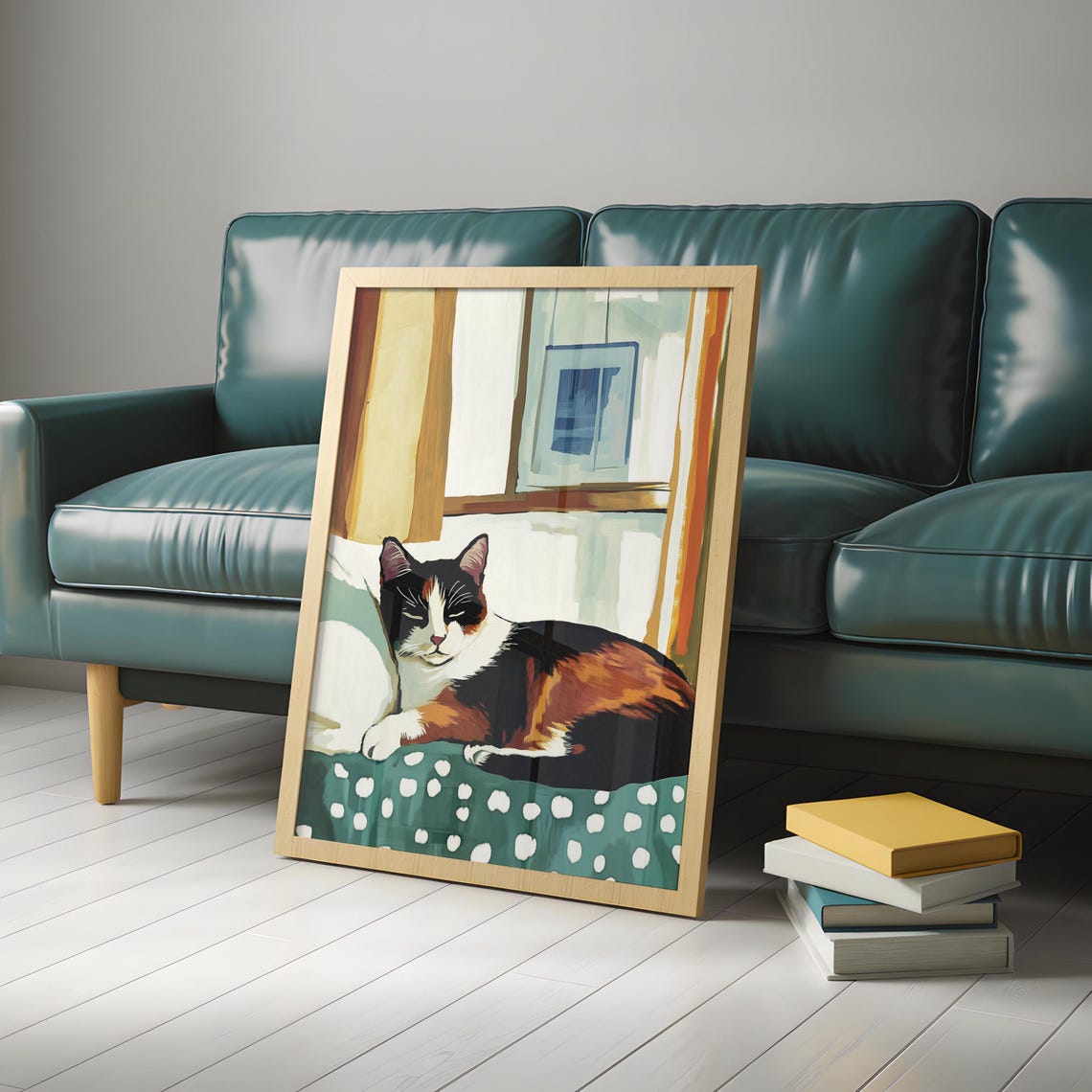 Calico Cat Resting By Window on Polka Dot Bedding Cozy Cat Poster - Image 4