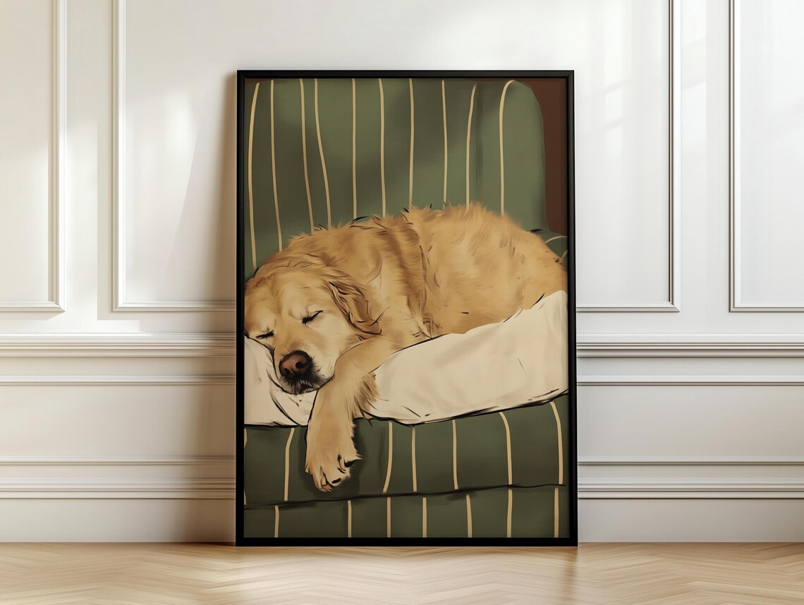Golden Retriever Sleeping on Striped Green Chair Tender Dog Poster - Image 7