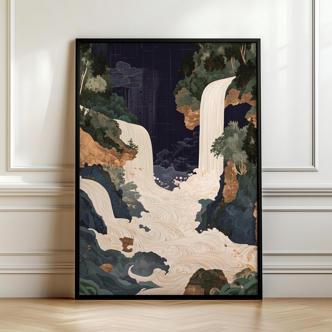 Elegant Japanese Twin Waterfall Illustration with Gold Accents Poster - Image 7