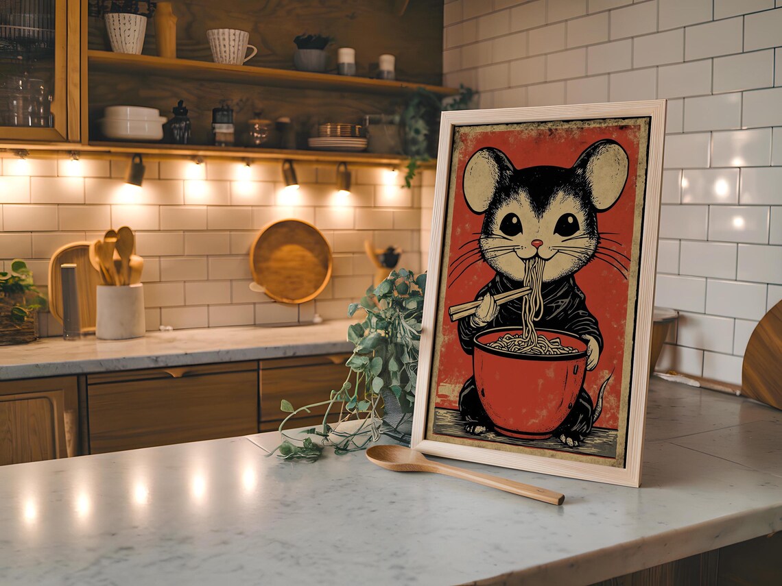 Mouse Eating Ramen Noodles, Japandi Minimalist Art Print - Image 7