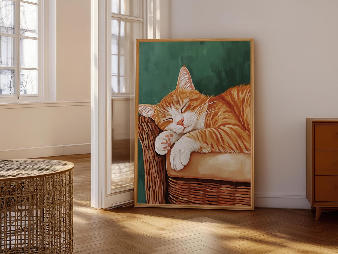 Sleeping Orange Tabby Cat on Wicker Basket Cozy Green Poster - Image 6