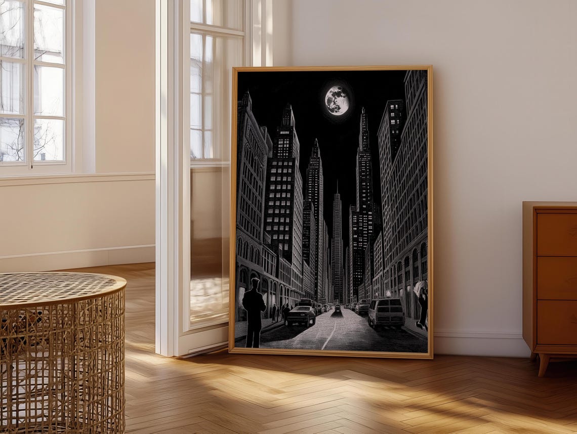 Dark Skyscraper Street Under Full Moon Detailed Sketch Poster - Image 6