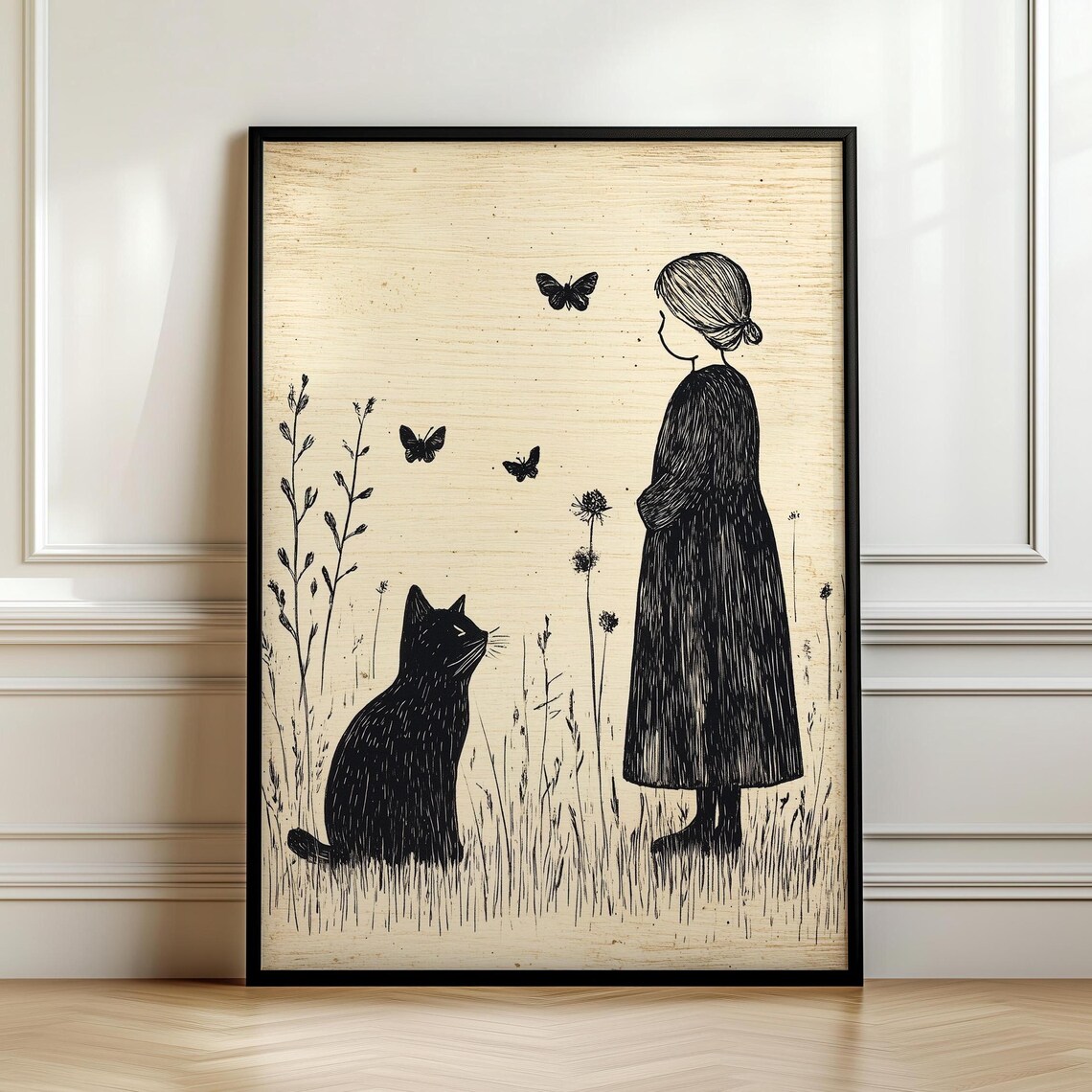 Girl And Black Cat Watching Butterflies Black Ink Whimsical Folk Art Illustration Poster - Image 7