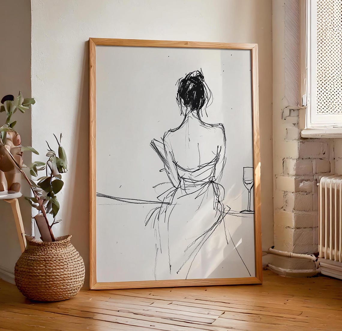 Standing Woman Line Sketch With Wine Glass Beige Minimalist Poster