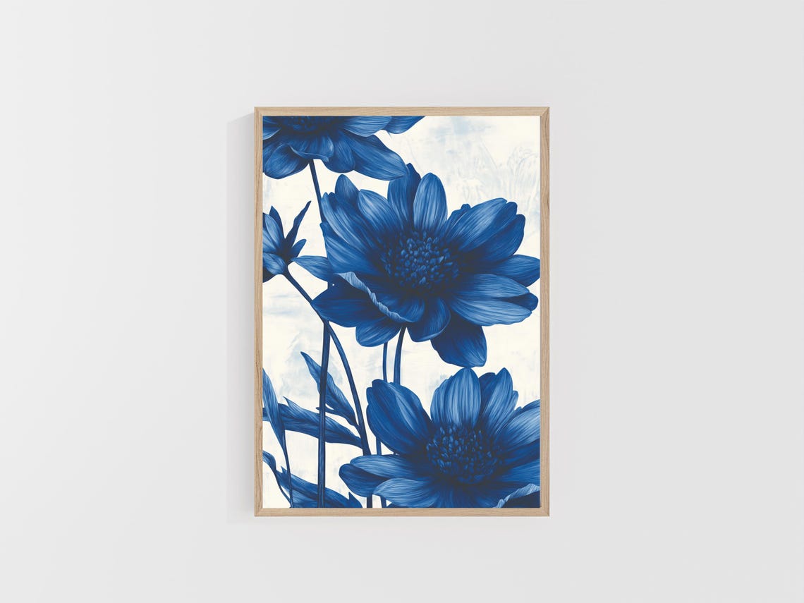 Cobalt Blue Monochrome Blooms White Background Floral Art Poster - Image 4