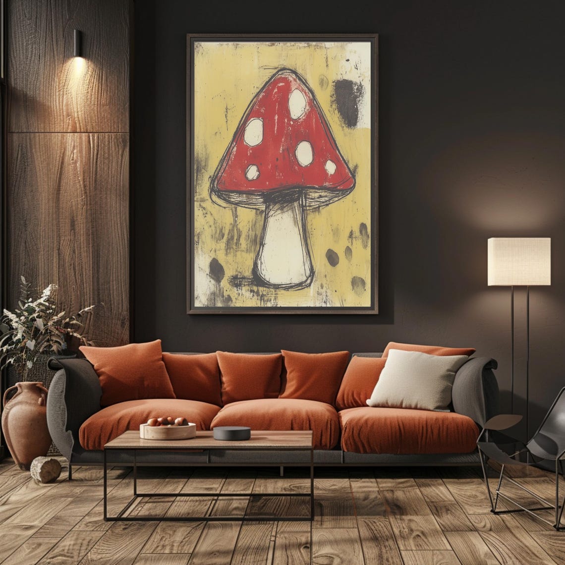 Sketchy Red Spotted Mushroom on Mustard Grunge Background Poster - Image 5