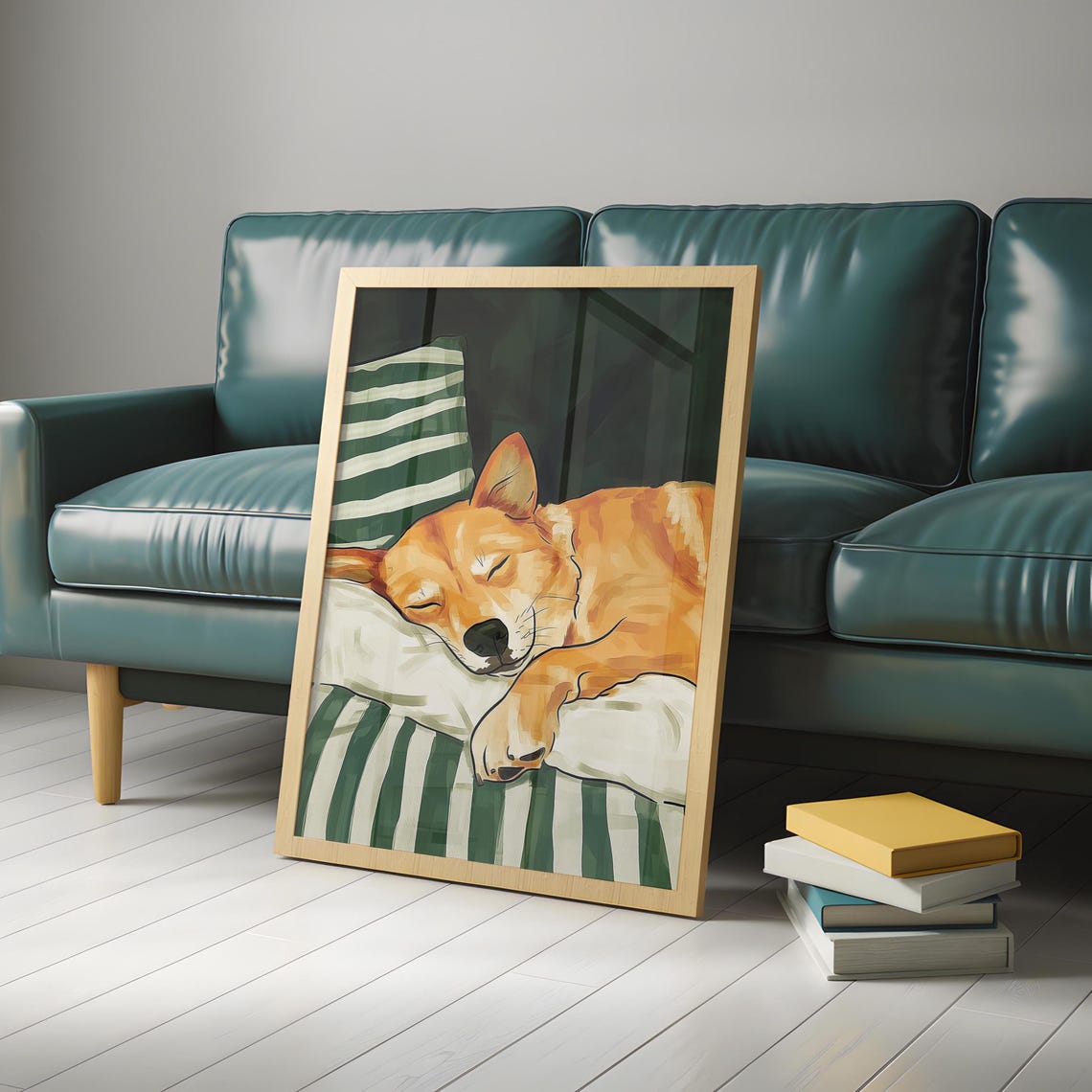 Sleeping Shiba Inu Puppy on Green Striped Pillow Cute Dog Poster - Image 4