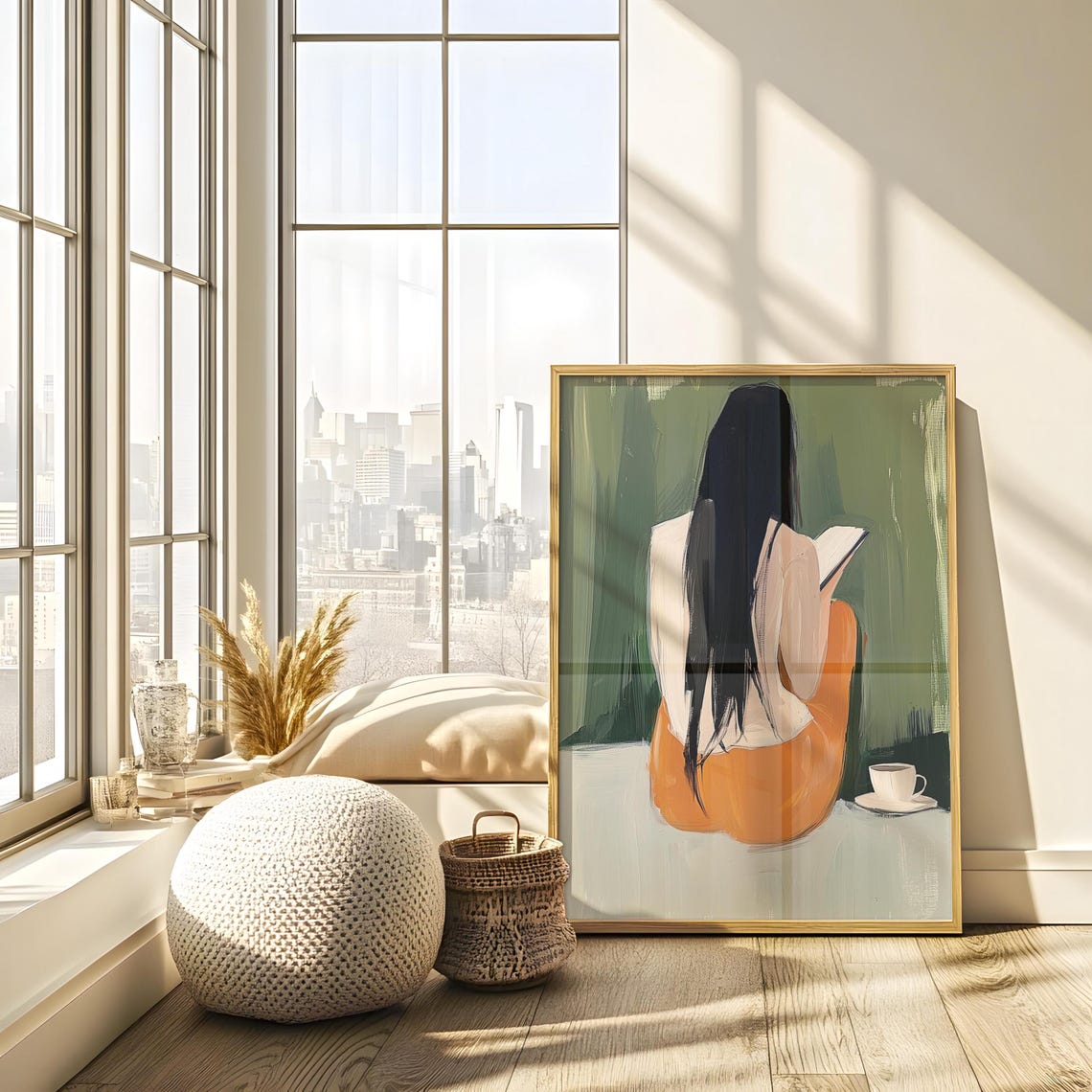 Woman Reading From Behind in Orange Pants Coffee Minimalist Poster - Image 2