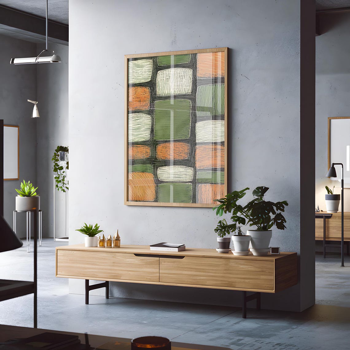 Retro Geometric Grid Sage Green Cream Rust 1970s Style Poster - Image 3