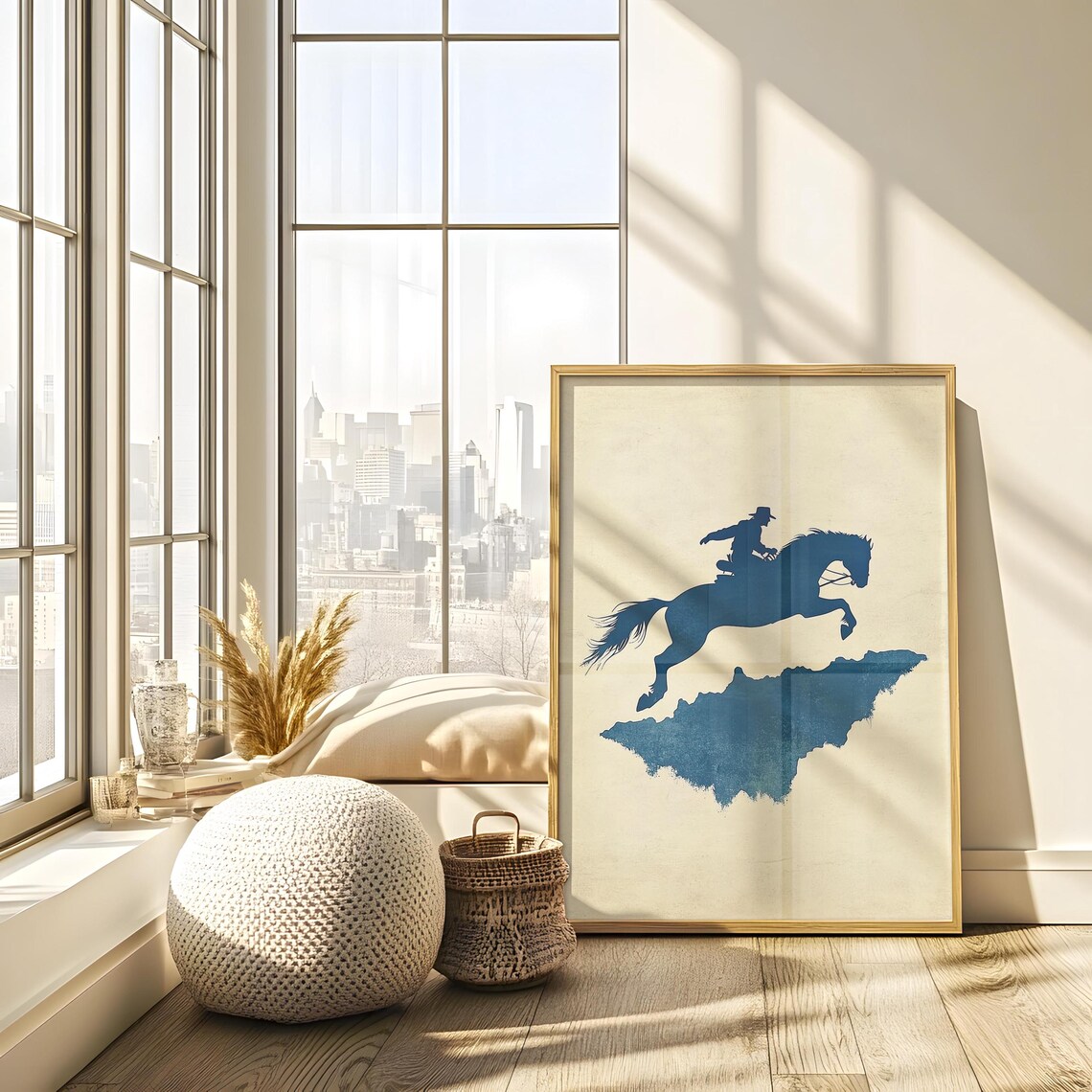 Navy Blue Cowboy on Leaping Horse Minimalist Silhouette Poster - Image 2