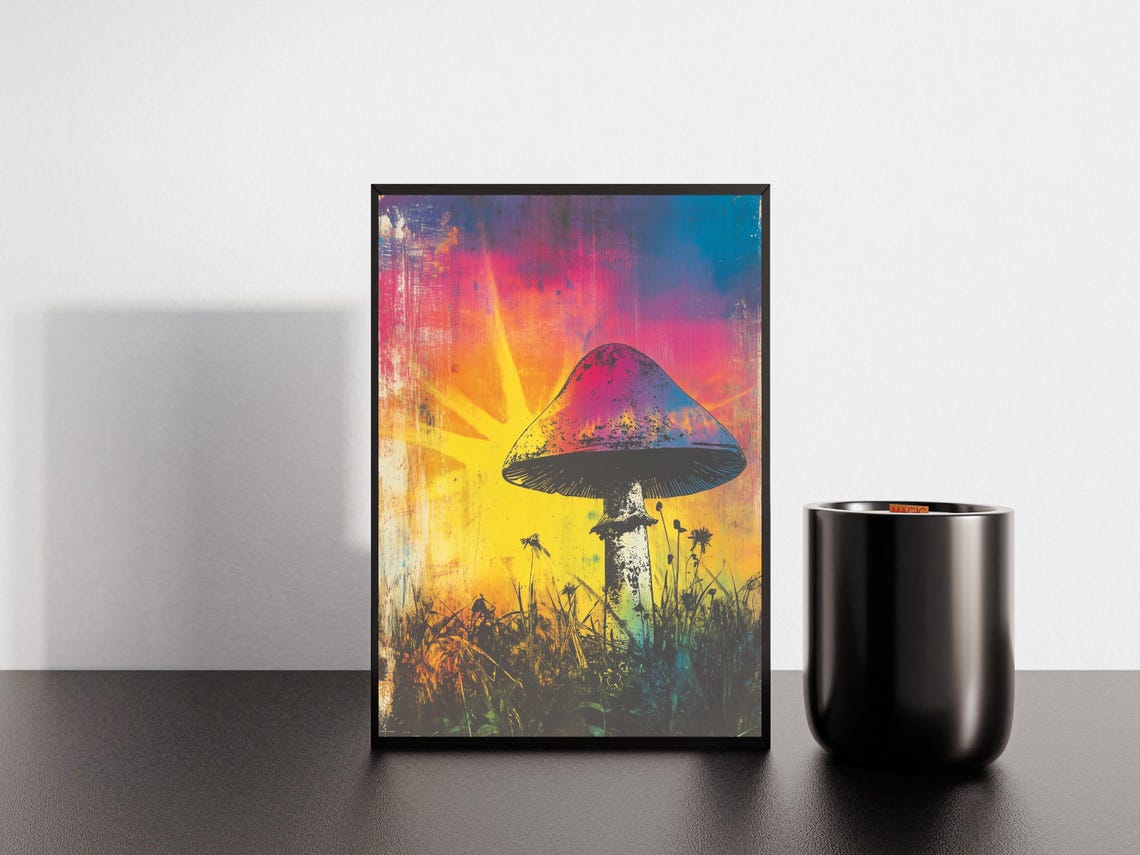 Mushroom Silhouette Against Rainbow Sunrise Psychedelic Art Poster - Image 5