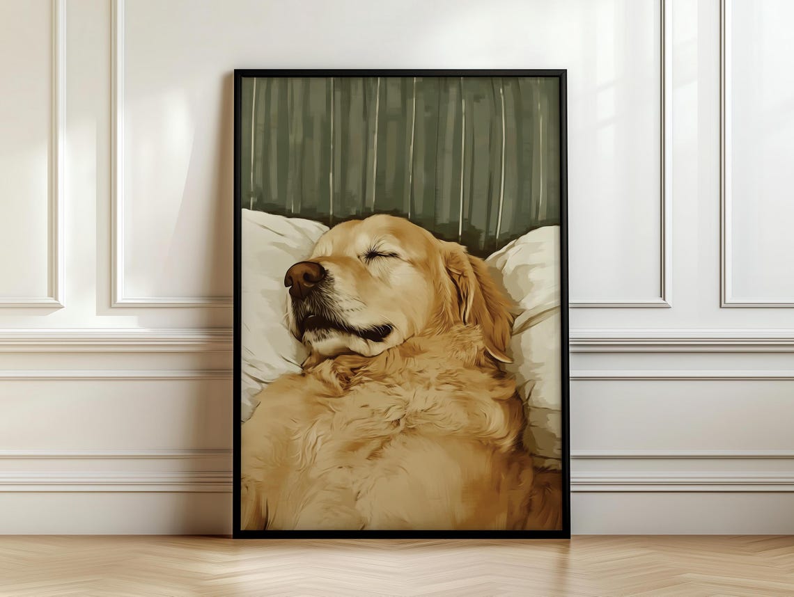 Sleeping Golden Retriever Close-Up on White Bedding Portrait Poster - Image 7