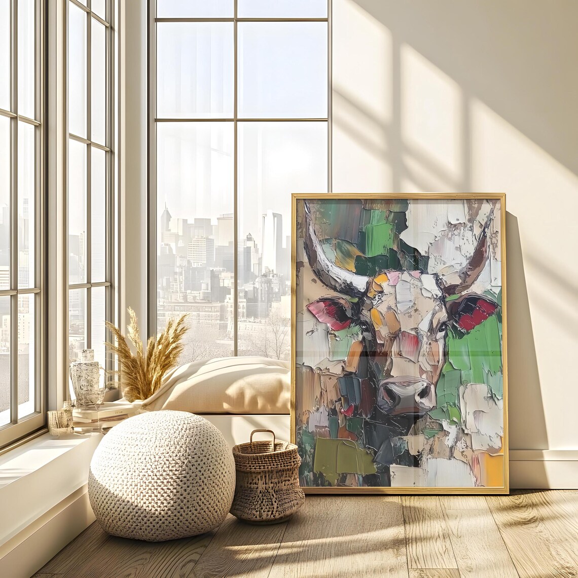 Abstract Impasto Cow Portrait with Green Accents Painting Poster - Image 3