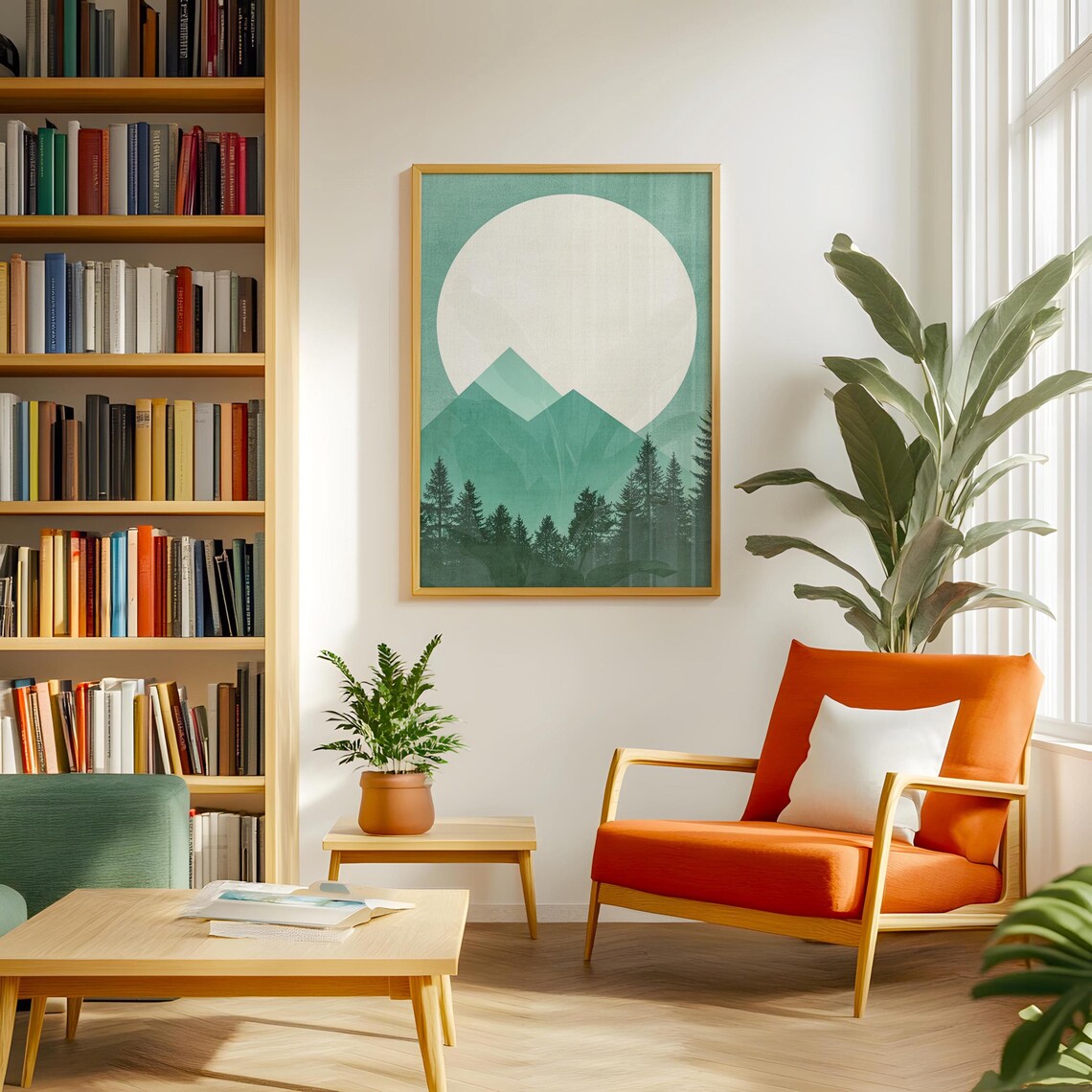 Green Mountain Sun With Pine Silhouettes Minimalist Nature Poster - Image 2