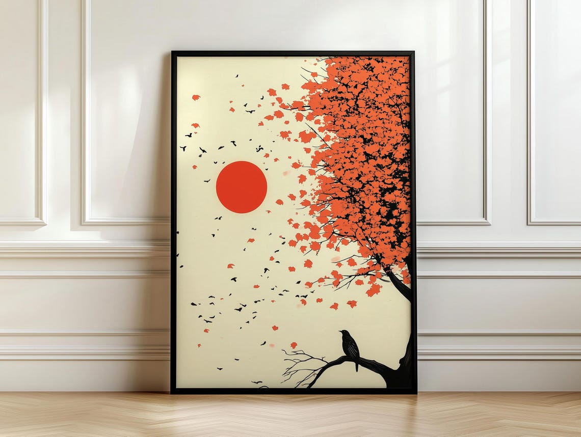 Japandi Red Sun Over Blossom Tree With Black Bird Cream Wall Art - Image 7