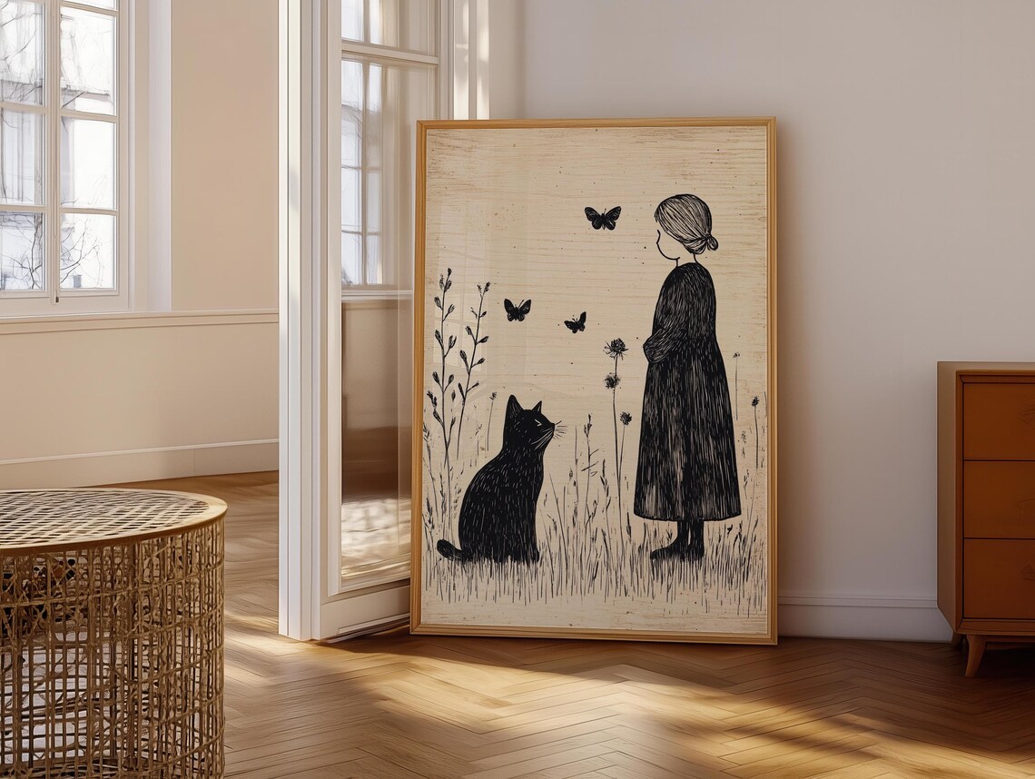 Girl And Black Cat Watching Butterflies Black Ink Whimsical Folk Art Illustration Poster - Image 6