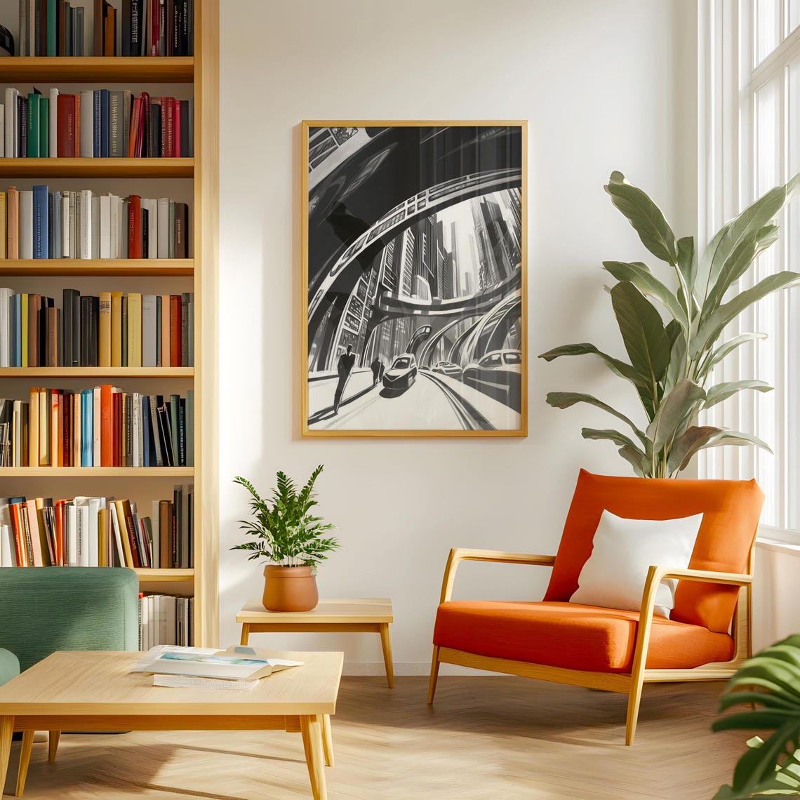 Retro Futurist City with Elevated Highways Drawing Artwork Poster - Image 2