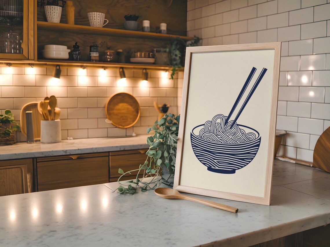 Minimalist Navy Ramen Bowl Line Art Illustration on Cream Poster - Image 7