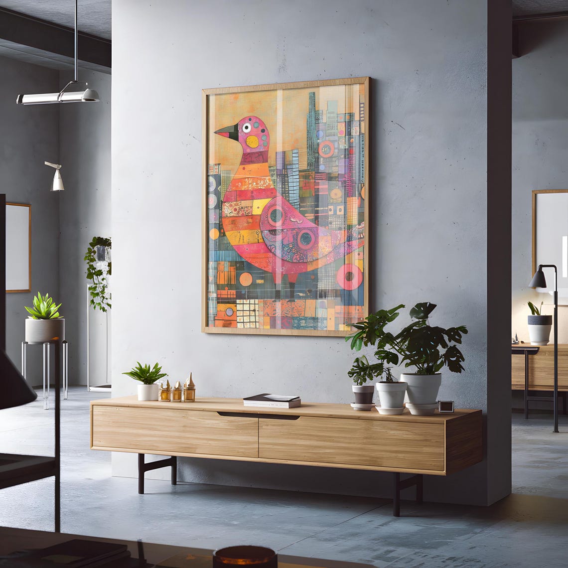 Stylized Patchwork Pigeon Over A Geometric Cityscape Art Poster - Image 4
