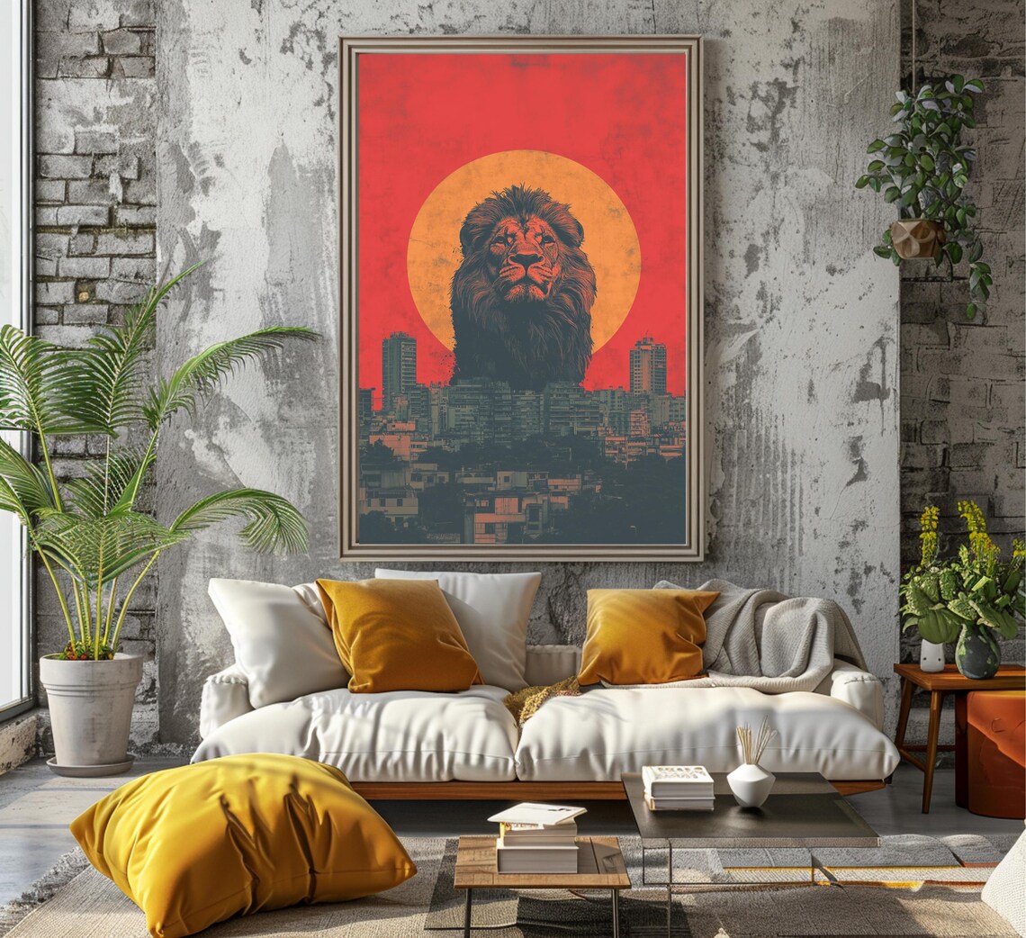 Majestic Lion Head Rising Above A City At Red Sunset Art Poster - Image 6