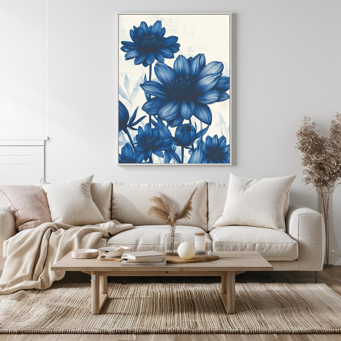 Blue Ink Watercolor Flower Blooms on White Botanical Art Poster - Image 5