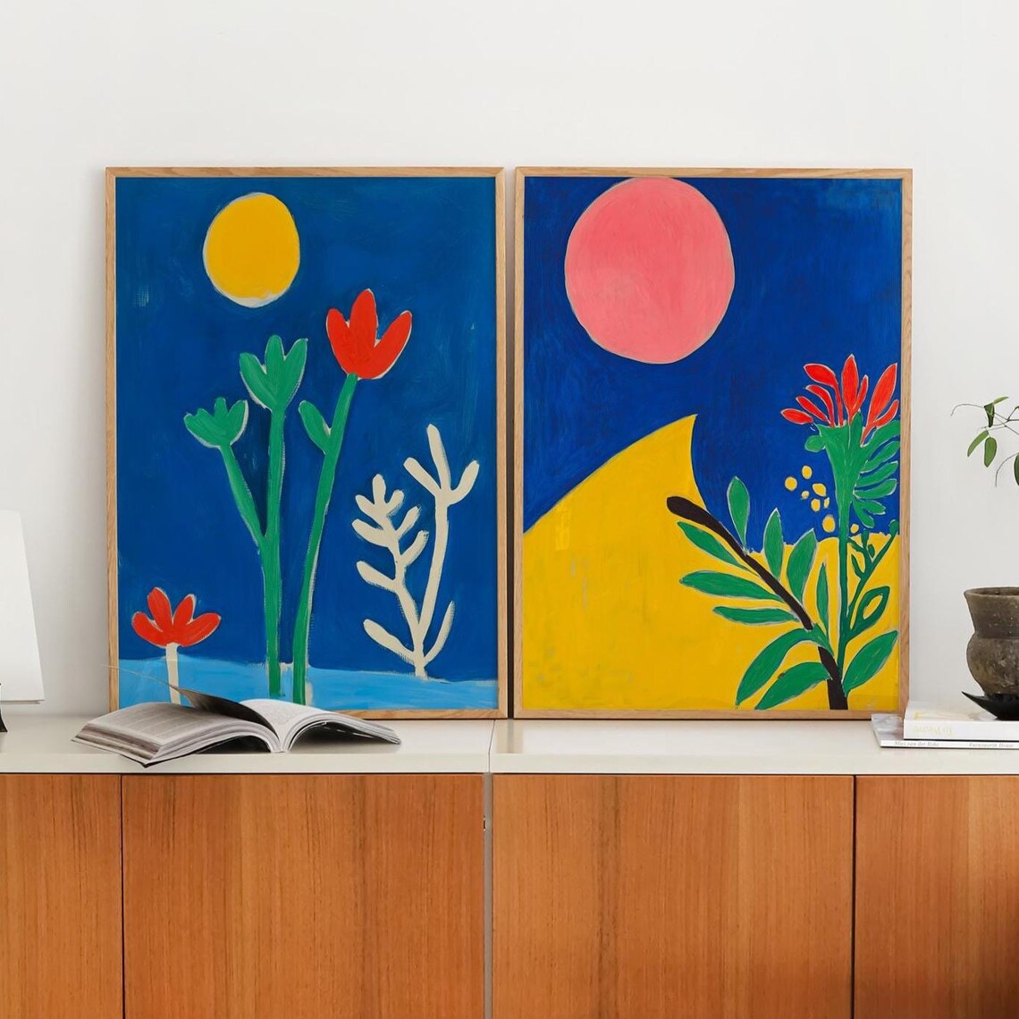Set of 2 Bold Abstract Botanical Sun and Floral Wall Art Pair