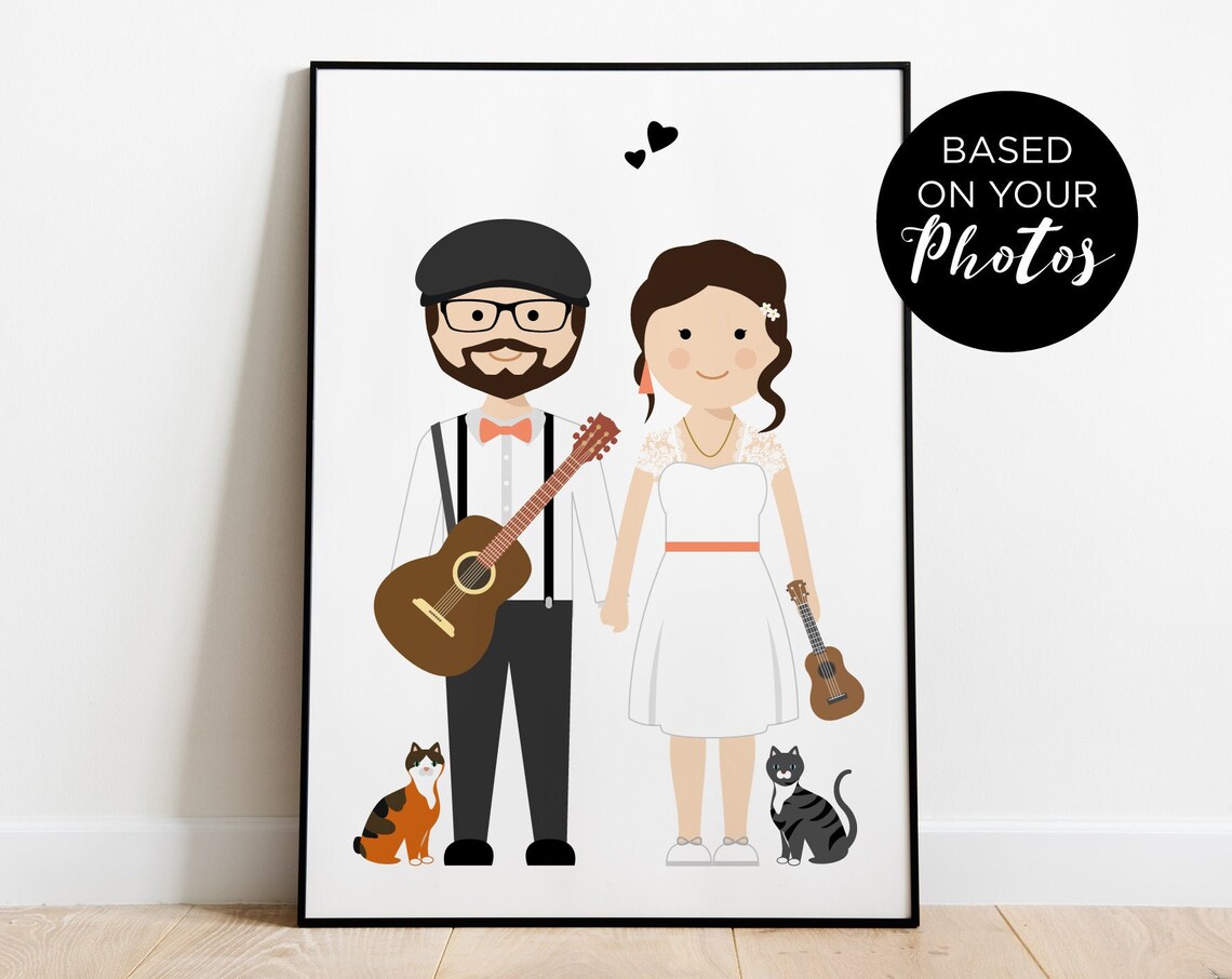 Custom Family Portrait With Pets, Personalized Print