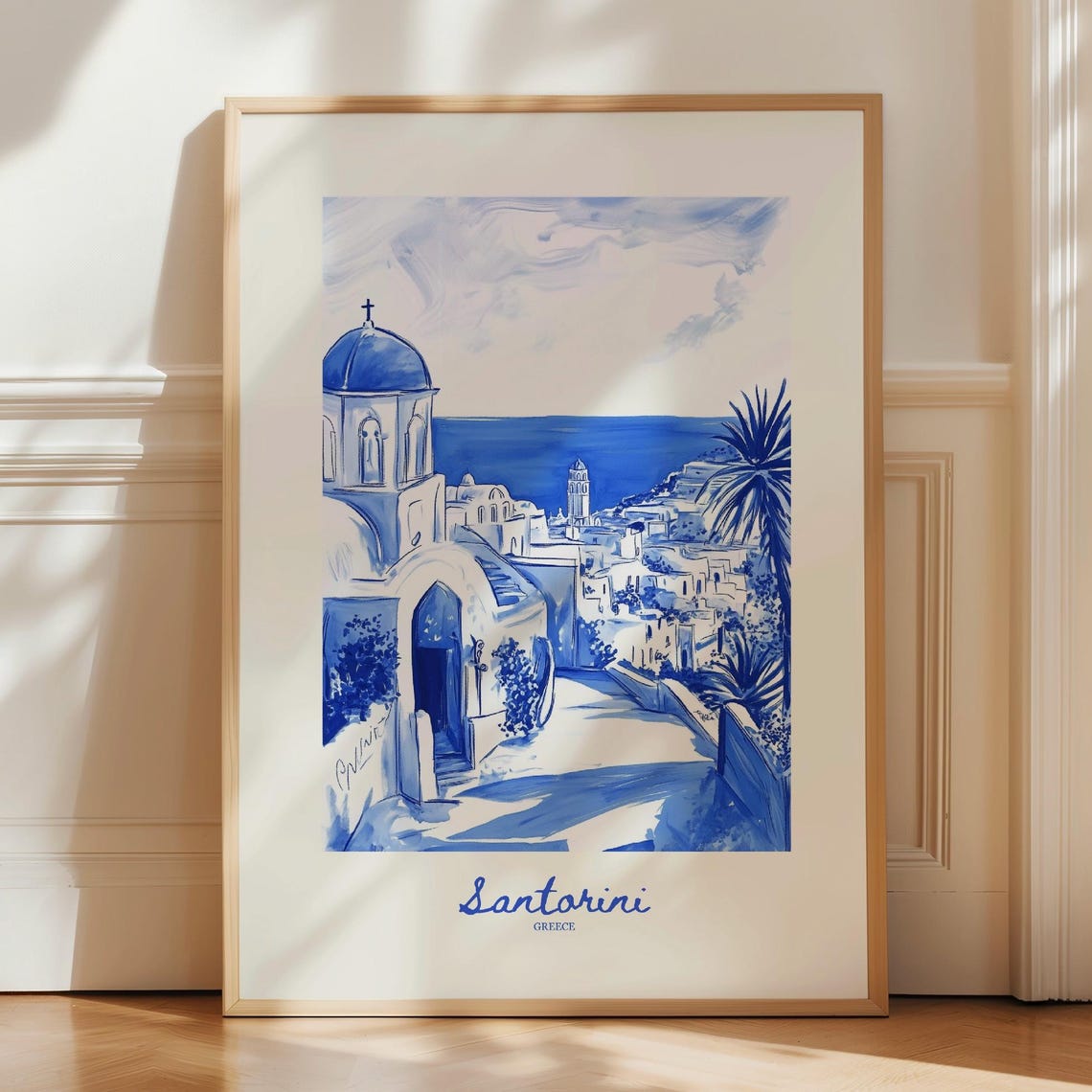 Santorini Greece Travel Poster Navy Blue Hand Drawn Sketch Decor
