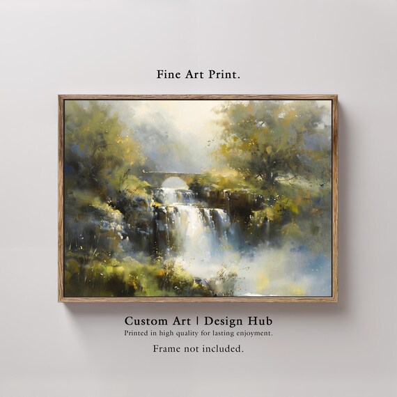 Forest Waterfall Cascading Over Misty Rocks Serene Nature Print