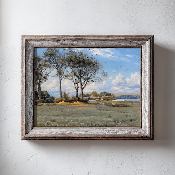 Tall Trees Over Summer Meadow Vintage Countryside Painting Wall Art