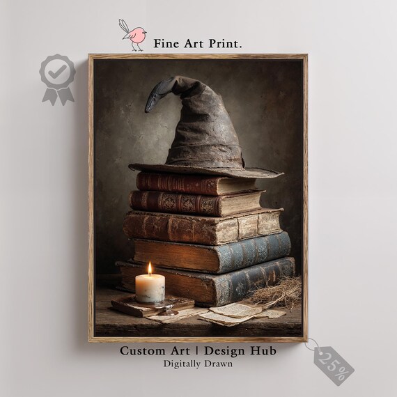 Witch Hat Antique Books Print Gothic Dark Academia Candle Art