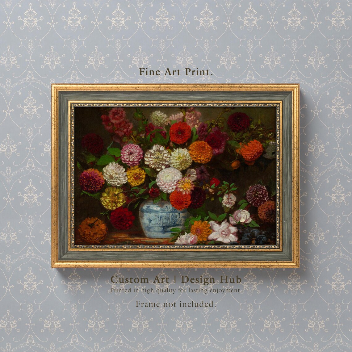 Vintage Dahlia Bouquet Still Life Blue Vase Painting Classic Flower Poster