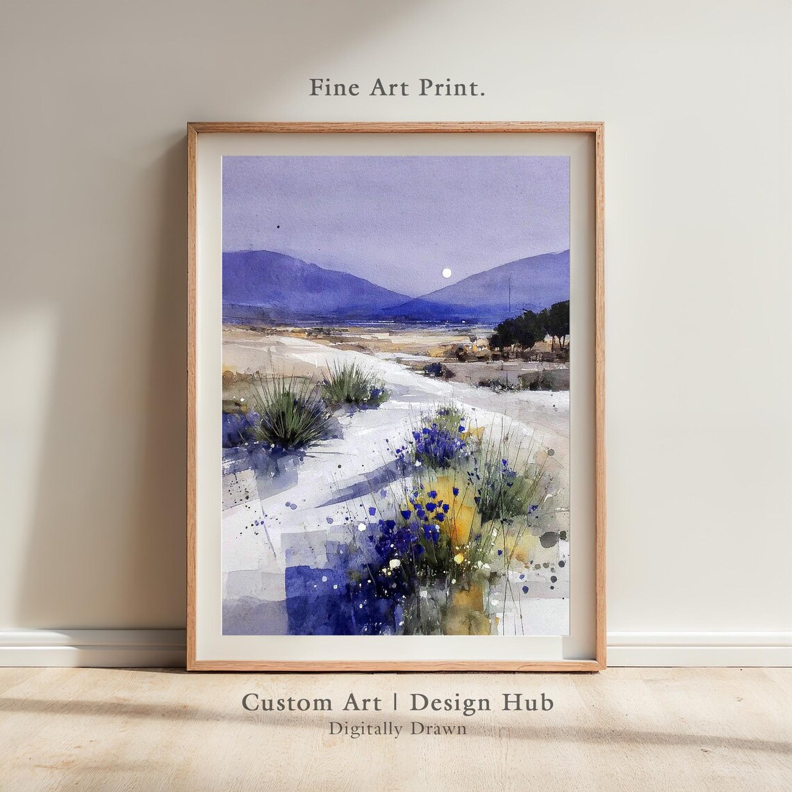 Watercolor Purple Mountain Moonlight Landscape Floral Wall Art