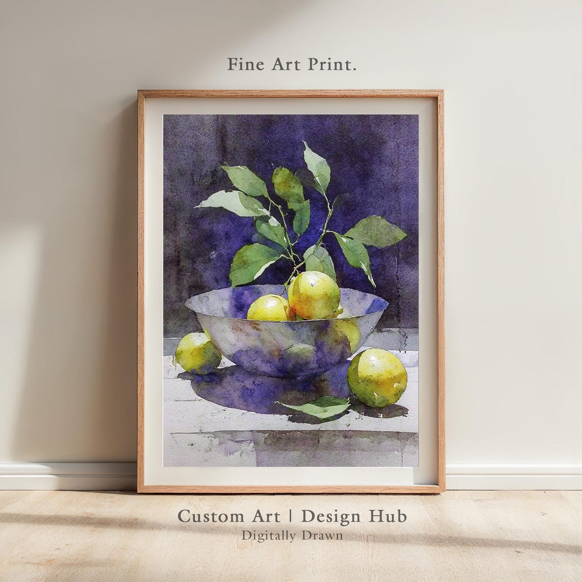 Fresh Lemons Glass Bowl Leafy Branch Watercolor Kitchen Poster