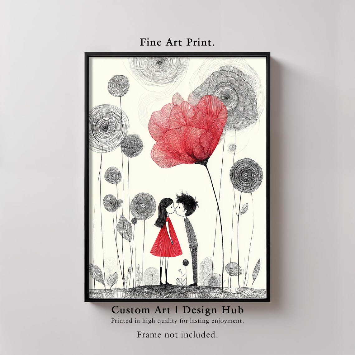 Kissing Couple Giant Red Poppy Whimsical Love Illustration Poster