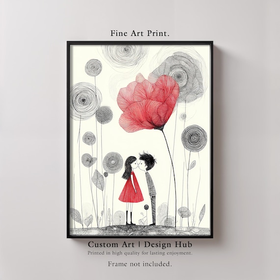 Romantic Couple Art Print Red Dress Minimalist Love Illustration