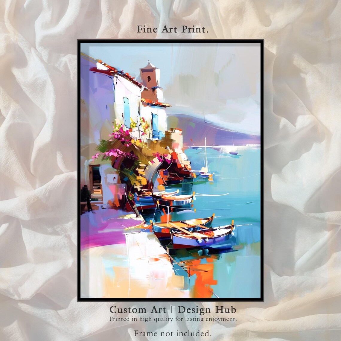 Mediterranean Seaside Village Poster Whitewashed Houses Boats Art