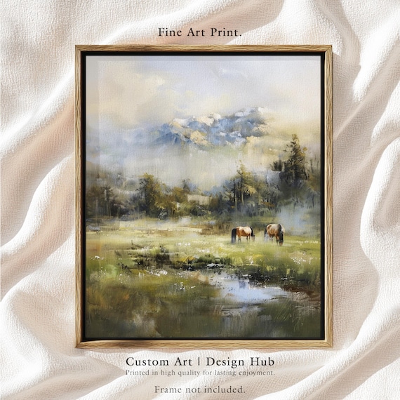 Horses Grazing Mountain Meadow Poster Soft Watercolor Pastoral Scene