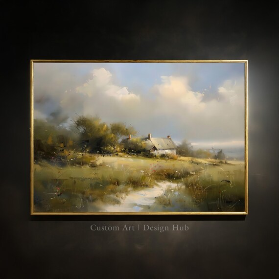Serene Rustic Cottage Country Meadow Oil Painting Landscape Art Poster