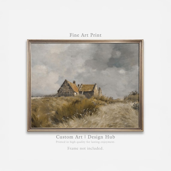 Stormy Coastal Stone Cottage Vintage Landscape Painting Poster Art
