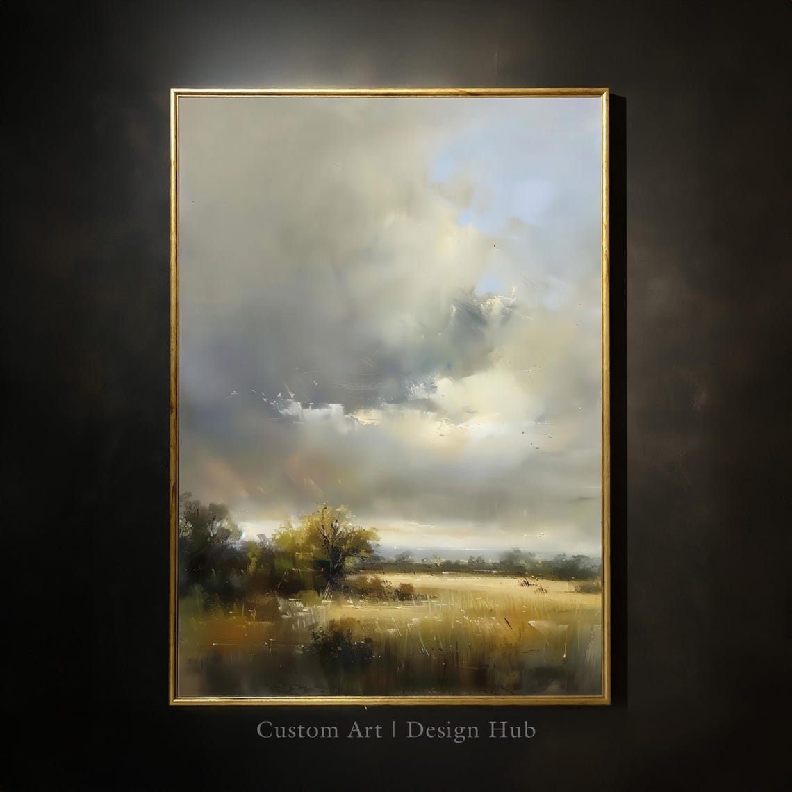 Golden Wheat Field Dramatic Cloudy Sky Vintage Oil Painting Poster