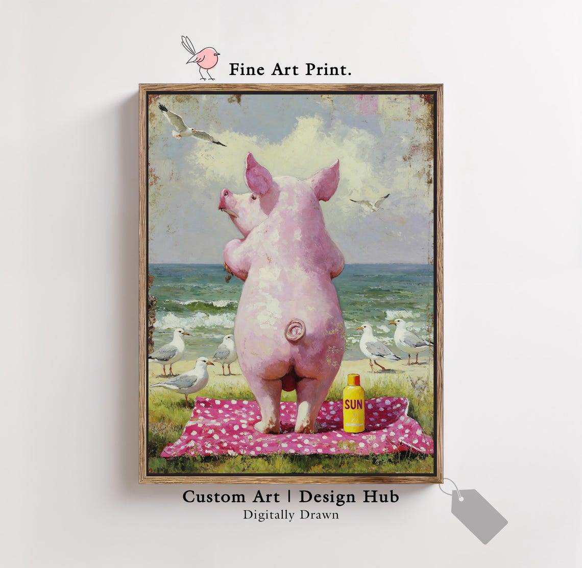 Cheeky Pink Pig At The Beach With Seagulls Whimsical Art Poster