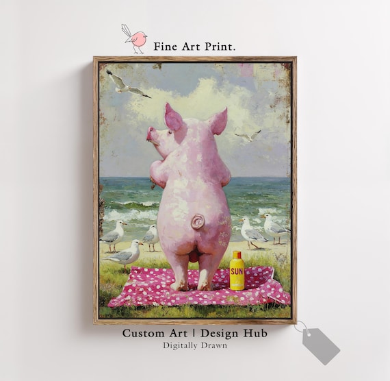 Funny Pig Beach Art Print Whimsical Animal Wall Decor Quirky Seaside Illustration