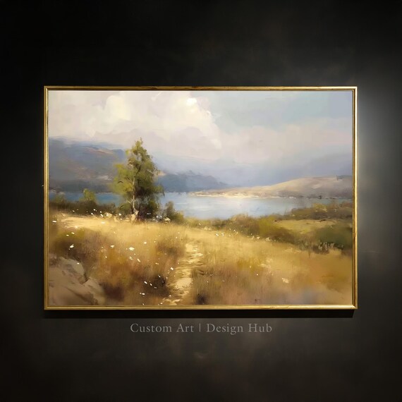 Golden Wheat Field Lakeside Path Sunset Landscape Oil Painting Poster