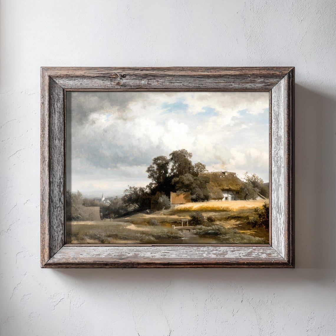Thatched Cottage by a Stream Vintage Countryside Painting Wall Art