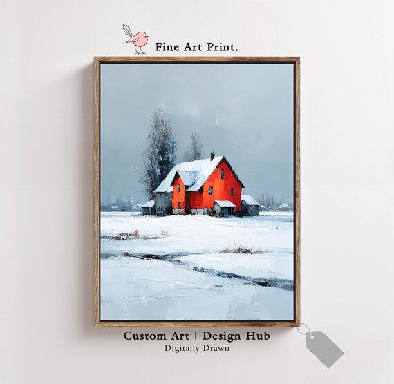 Red Barn in Snowy White Winter Field Minimalist Fine Art Poster
