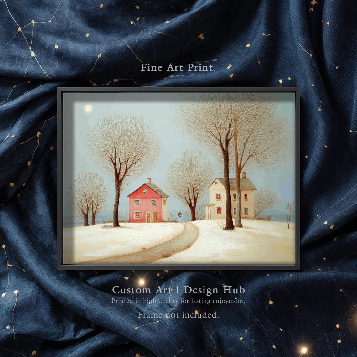 Snowy Winter Cottages Bare Trees Moonlit Landscape Art Poster